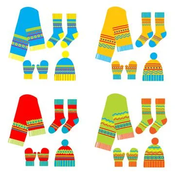 Winter accessory sets with scarf, hat, mittens and socks Stock Illustration