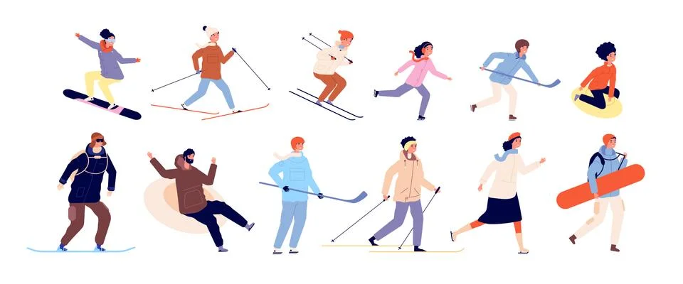 Winter activities with kids. Sports couples, christmas holiday time. Isolated Stock Illustration
