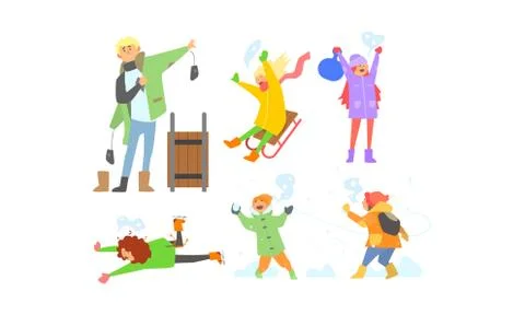 Winter activities set, children sledding, playing snowballs, kids having fun and Stock Illustration
