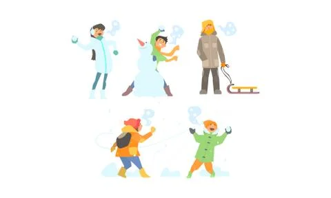 Winter activities set, making snowman, playing snowballs, kids having fun and Stock Illustration
