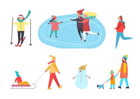 Winter Activities, Skiing Skating on Rink Vector Stock Illustration