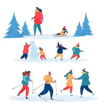 Winter activities vector active people skiing, skating and sledding together 스톡 일러스트