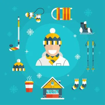 Winter Activity Set Icons with Man in Warm Cloth Stock Illustration