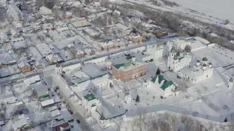 Winter aerial drone view of Transfiguration Monastery in Murom, Russia Video stock 130841561