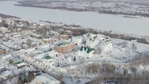 Winter aerial drone view of Transfiguration Monastery in Murom, Russia Stock Footage 131425357