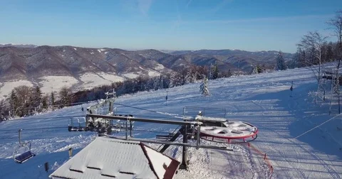 Winter Aerial Flight Over Mountain Carpathian, Ski Vacation Travel, Skiing Stockbeeldmateriaal 82972087
