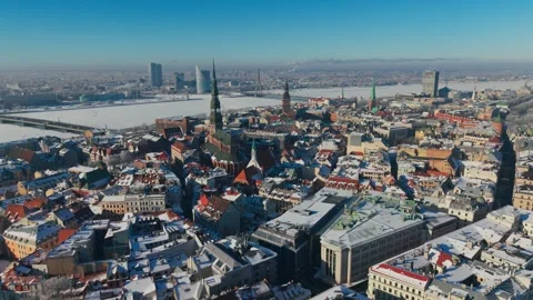 Winter Aerial Over Old Riga Latvia - Cinematic Snowy Historic Cityscape Panorama Stock Footage 345474627