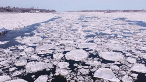 Winter aerial panorama of floating river ice and cold water Stock Footage 330315236