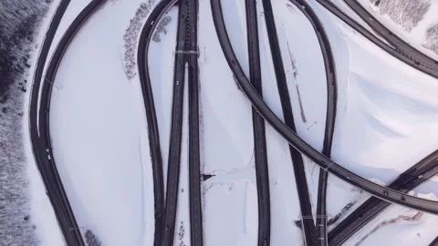 Winter aerial road symmetry pattern with highway infrastructure Stock Footage 328963149