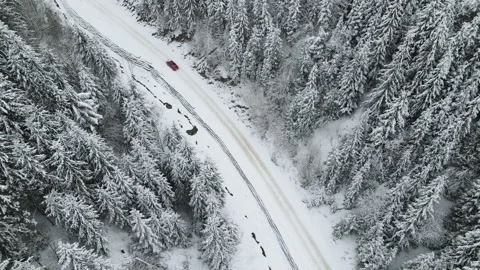 Winter aerial top view from drone - car vehicle driving on snowy forest road Stock Footage 220369284