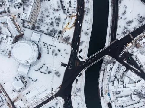 Winter aerial view to circus with river in Kharkiv Stock Photos