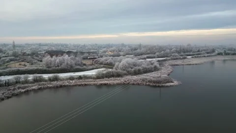 Winter Aerial View of Frosty River Landscape in England 4K Stock Footage 345045853