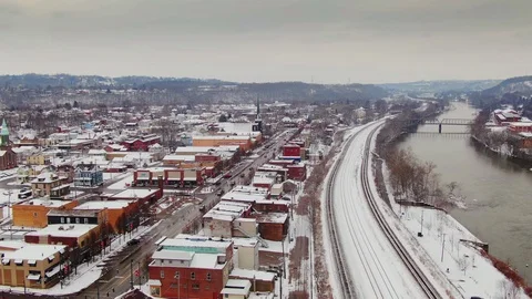 Winter Aerial View of Typical Rust Belt River Town  	 Stock Footage 101140624