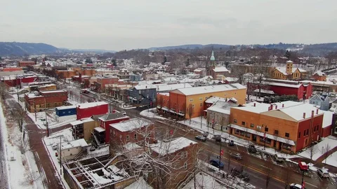 Winter Aerial View of Typical Rust Belt River Town  	 Stock Footage 101140725