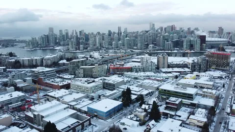 Winter aerial view on Vancouver downtown and roofs of commercial buildings Stock Footage