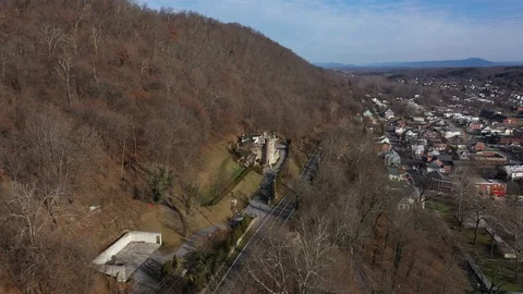 Winter aerial views from the castle of Berkeley Springs, West Virginia. Stock Footage 100245186