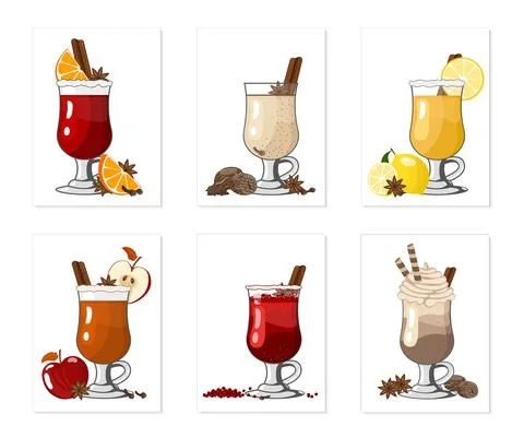 Winter alcoholic hot drinks and cocktails - mulled wine, grog, eggnog, ginger Stock Illustration