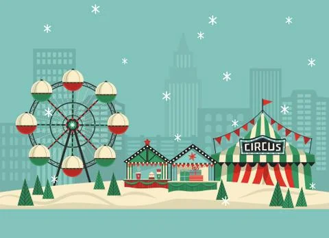 Winter amusement park flat vector poster Stock Illustration