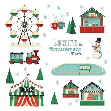 Winter amusement park flat vector icon set Stock Illustration
