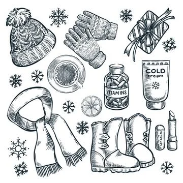Winter and autumn essentials, vector sketch illustration. Hand drawn fashion Stock Illustration