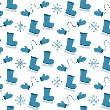 Winter and Christmas seamless pattern. Snowflakes and ice skates, mittens Stock Illustration