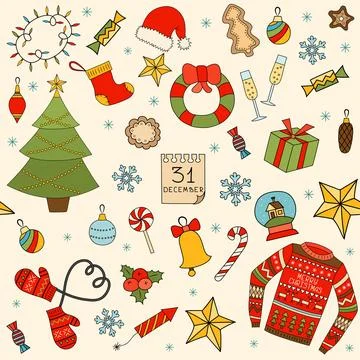 Winter and Christmas seamless pattern. Hand drawn elements Illustrazione stock
