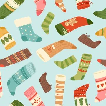 Winter and christmas socks vector seamless pattern. Fashion multi-colored woolen Stock Illustration