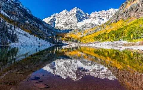 Winter and Fall foliage in Maroon Bells, Aspen, CO Stock Photos