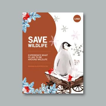 Winter animal poster design with penguin, ferret, snow watercolor illustratio Stock Illustration