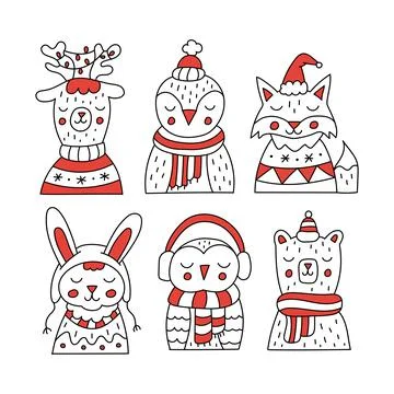 Winter animals doodle Stock Illustration