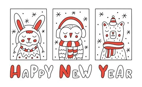 Winter animals doodle Stock Illustration