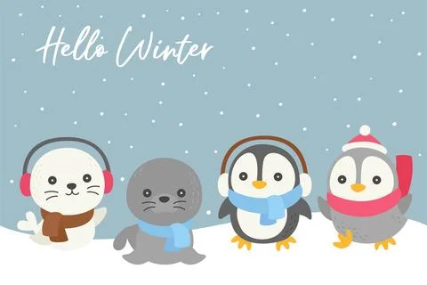 Winter animals doodle with snow theme background Stock Illustration
