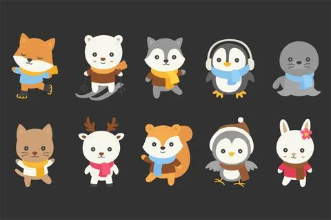 Winter animals doodle vector illustration set 1 Stock Illustration