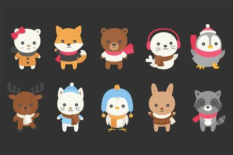 Winter animals doodle vector illustration set 2 Stock Illustration