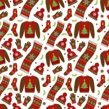 Winter apparel seamless pattern. Christmas clothes repeating texture. Warm Stock Illustration