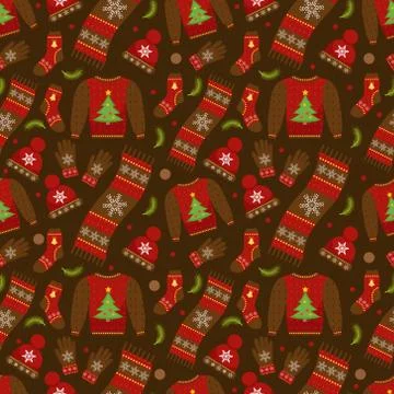 Winter apparel seamless pattern. Christmas clothes repeating texture. Warm Stock Illustration