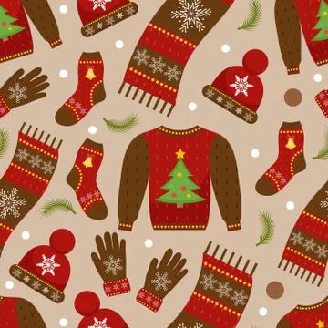 Winter apparel seamless pattern. Christmas clothes repeating texture. Warm Stock Illustration