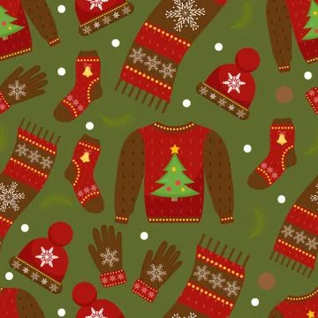 Winter apparel seamless pattern. Christmas clothes repeating texture. Warm Stock Illustration