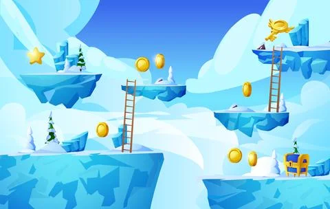 Winter arcade level map. 3D vector illustration of floating islands with snow. Illustrazione stock