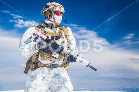 Winter arctic mountains warfare Stock Photos
