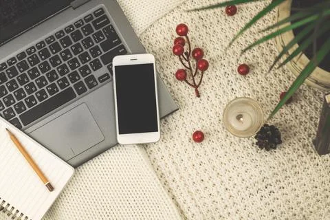 Winter, autumn workspace composition, mock-up flat lay design with background Stock Photos