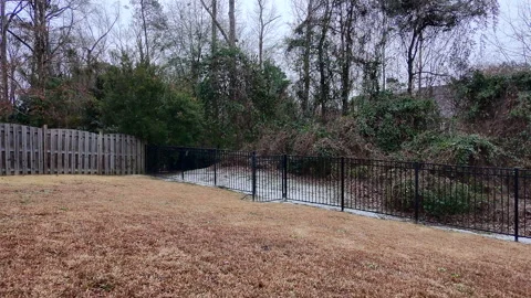 Winter Back Yard And Open Gate With Light Snow Falling Stock Footage 299676379