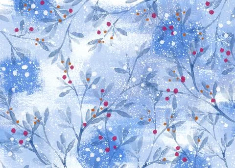 Winter background with berries, branches, leaves, watercolor abstract design Stock Illustration