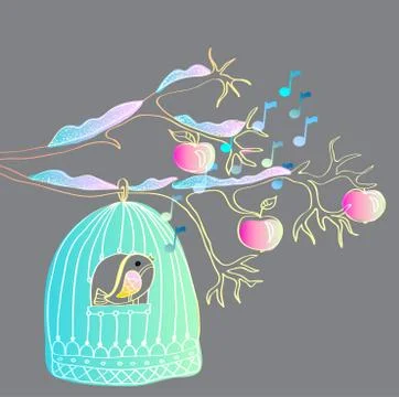 Winter background with cage and bird Stock Illustration