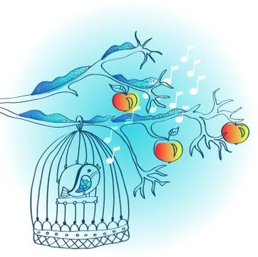 Winter background with cage and bird Stock Illustration