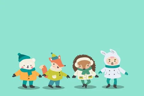 Winter background with cartoon cute wild animals Stock Illustration