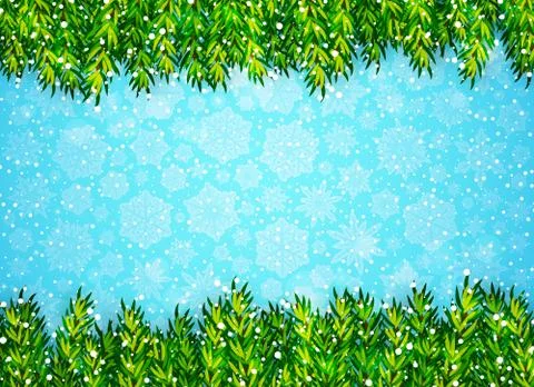 Winter background with Christmas tree branches and snow on blue Stock Illustration