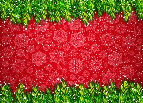 Winter background with Christmas tree branches, snow and snowflakes on red Stock Illustration