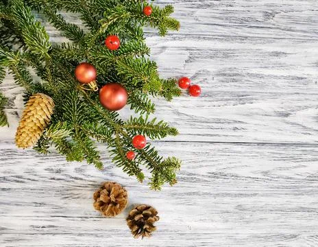 Winter background - dead pine branches and cones with red balls and winter be Stock Photos