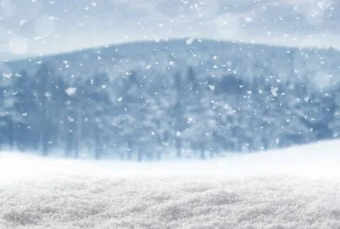 Winter background, falling snow over winter landscape with copy space Stock Photos